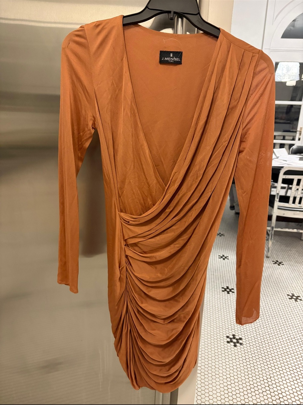 J. Mendel Draped Ruched Long Sleeve Dress in Rust